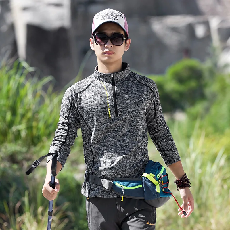 Men Women Quick Dry Hiking Jacket Long Sleeve Stand Collar T-Shirt Lightweight Fleece Cycling Running Climbing Trekking Shirt