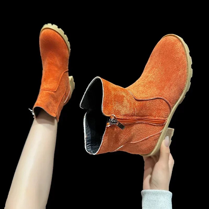 

Female Shoes on Sale 2023 New Side Zipper Women Boots Autumn Round Toe Solid Middle Barrel Chunky Heels Plus Size Fashion Boots