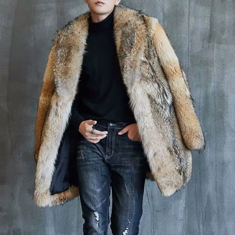 Winter Men's Long Wolf Fur Grass Coat Body Mink Overcoat Handsome Trend Loose Keep Warm Clothes Male Singer Stage Costumes