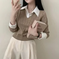 Korean Chic Spring and Autumn Age-Reducing Sweaters Retro Temperament Preppy Fake Two Pieces Shirts Twist Knit Women's Y2k Tops 1