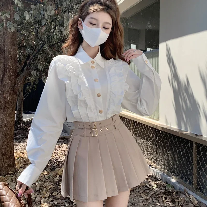 

White Long Sleeve Women's Shirt Fashion Korean Version Solid Color Shirt Office Female Streetwear French Vintage Top