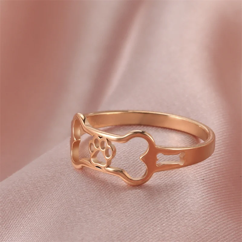 Minimalist Rings Dog Bone Paw Girls Gold Color Stainless Steel Ring Women's - PeticaDeals