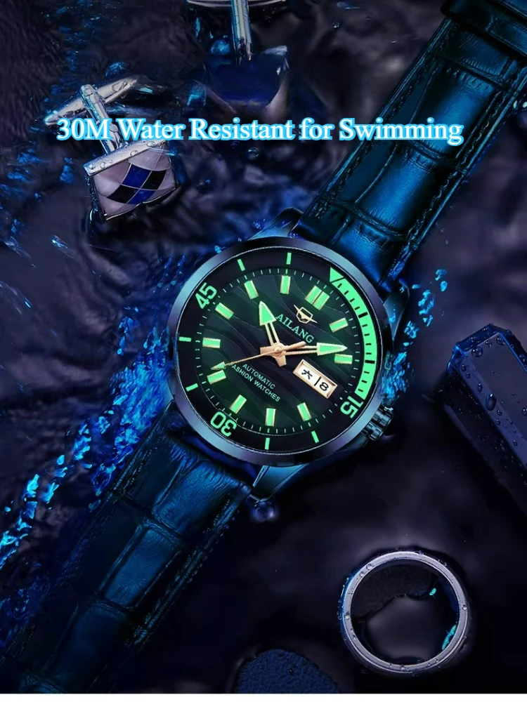 AILANG Herren-Armbanduhr, 43 mm, automatische mechanische Uhr, wasserdicht, leuchtendes Zifferblatt, Herrenuhr, modische Business-Armbanduhr mit Verschluss – Detail 8