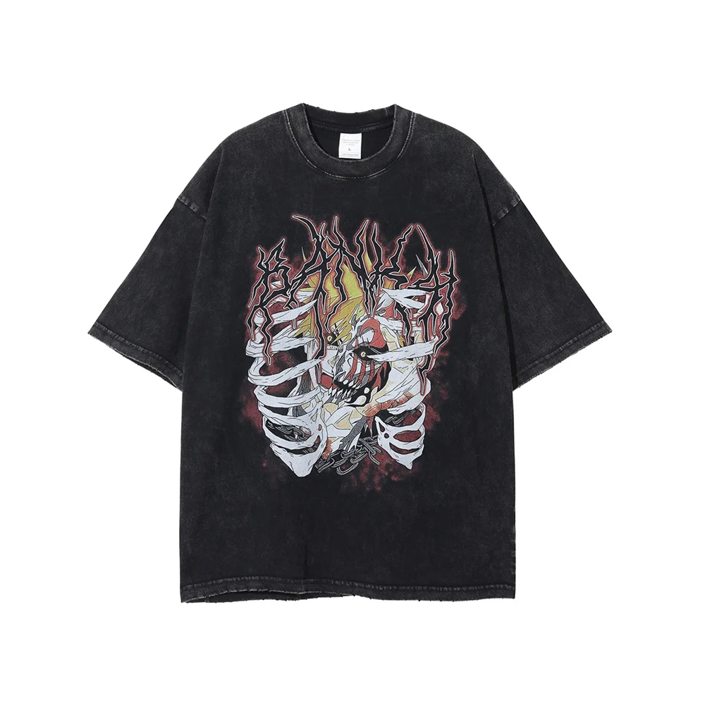 

Anime Kurosaki lchigo Printed T-shirts Vintage Washed Ripped T Shirt Oversized Streetwear Retro Short Sleeve Blood War Tops Tees