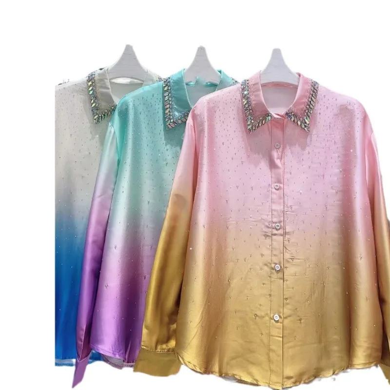 European Style 2024 Spring New Full Rhinestone Gradient Rhinestone Age-Reducing Mercerized Shirt For Women's Long Sleeved Blouse