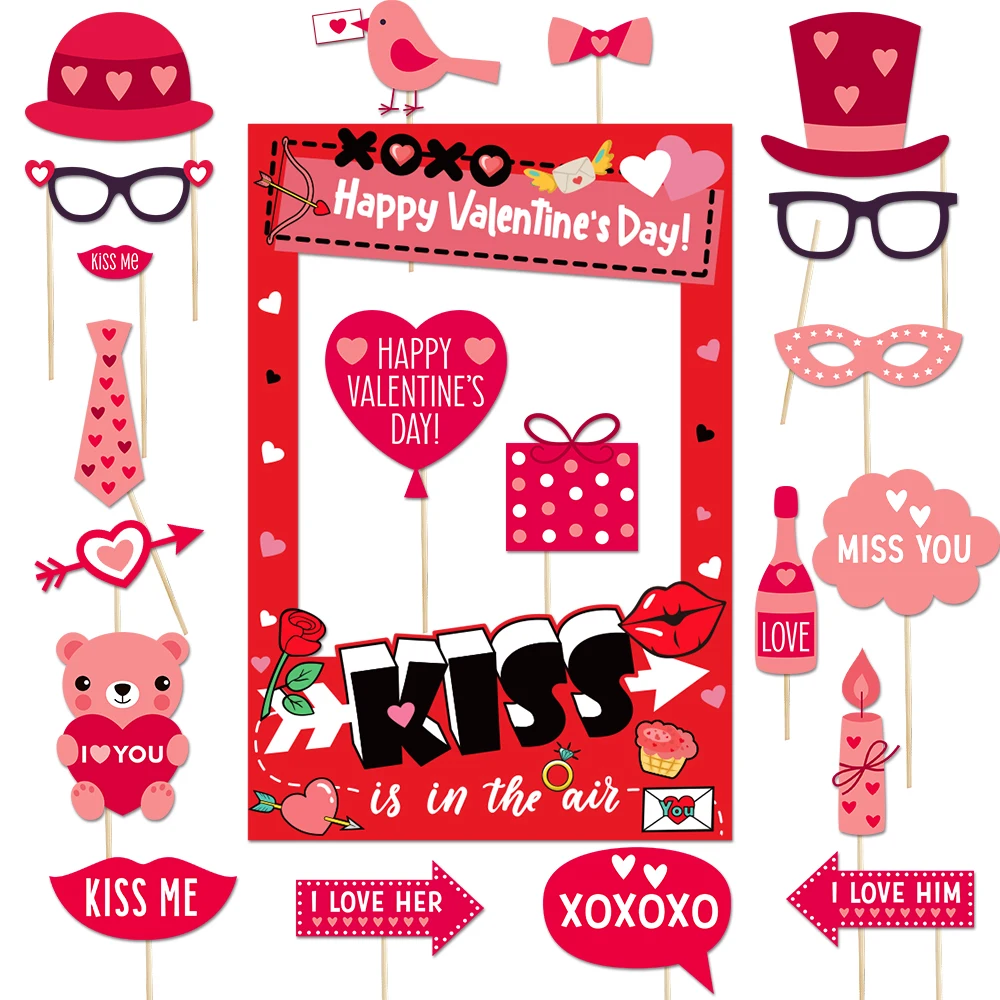 Valentine's Day Photo Booth Props Kit Love Heart XOXO Photo Props With Booth Frame Selfie Wedding Party Decorations
