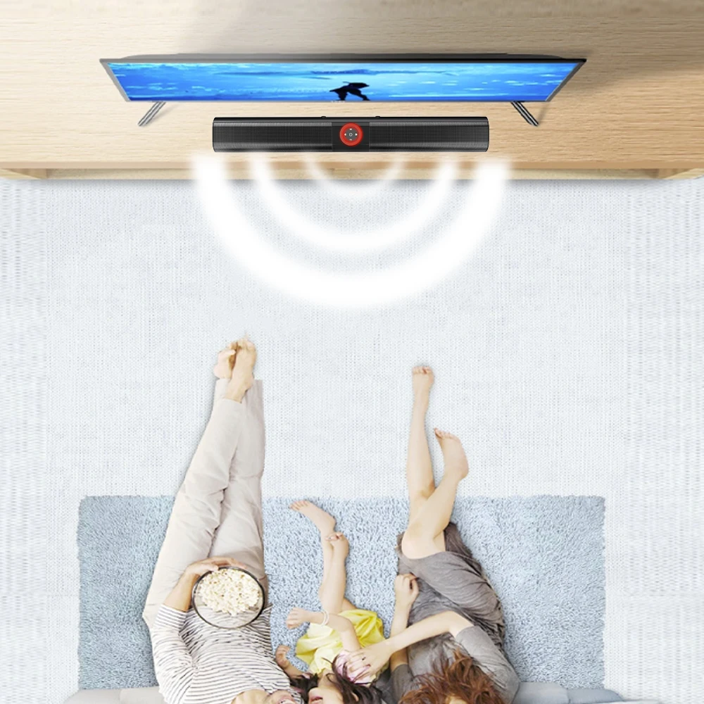 Two people laying on a bed, enjoying their favorite music with a wireless Bluetooth soundbar in the background.