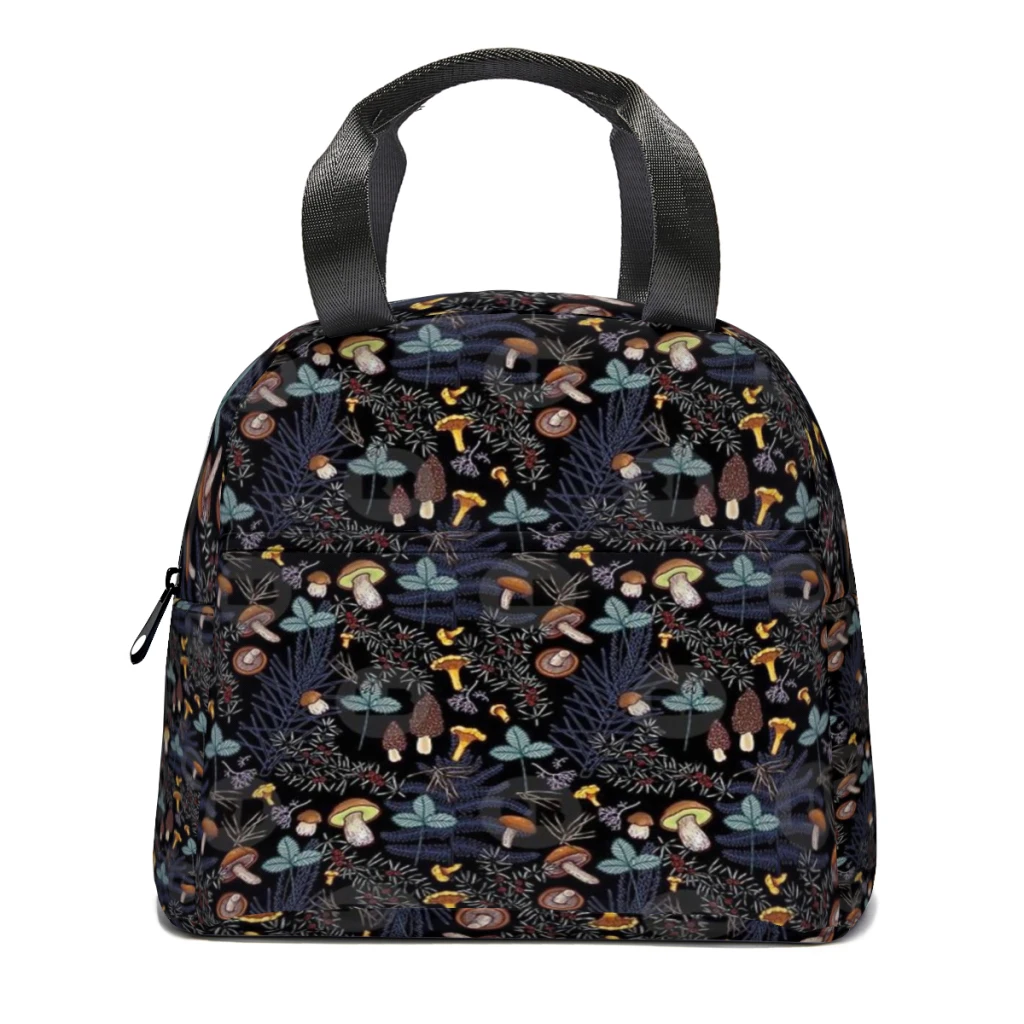 

dark Wild Forest Mushrooms Portable Lunch Bag Food Thermal Box Durable Cooler Lunchbox with Shoulder Strap Picnic Bag Office
