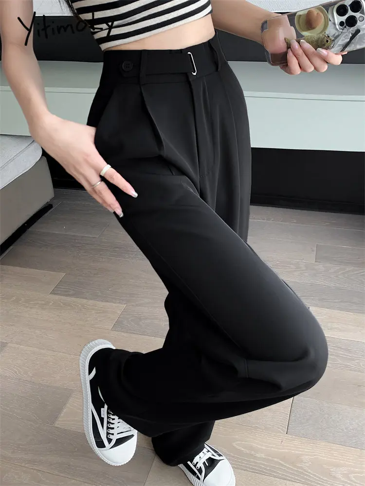 Yitimoky Solid Pants for Women 2022 New Fashion Office Ladies Folds High  Waist Pants Vintage Elegant Casual Full Length Pants