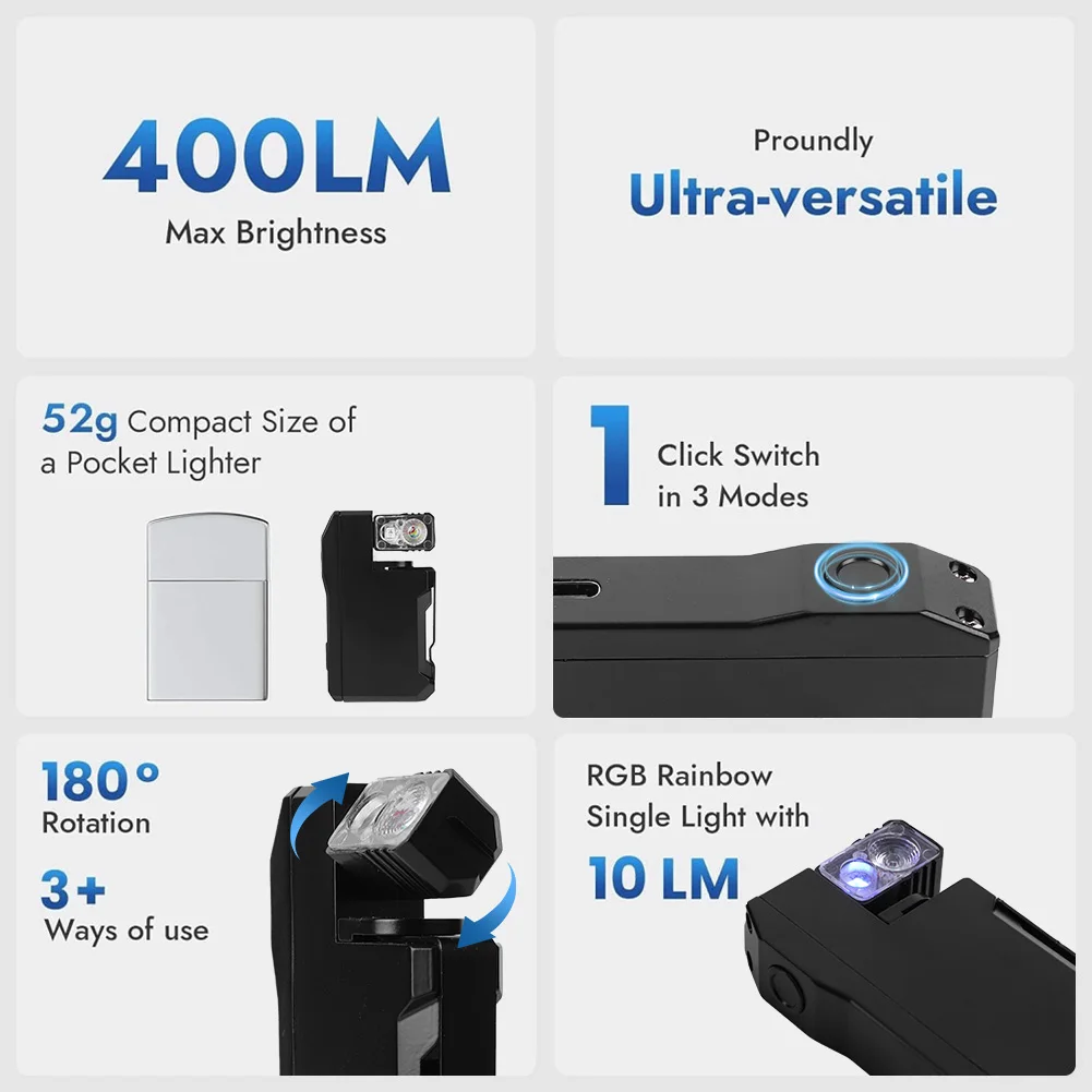 400LM Pocket Torch Rechargeable LED Keychain Light for Outdoor Camping (Black)