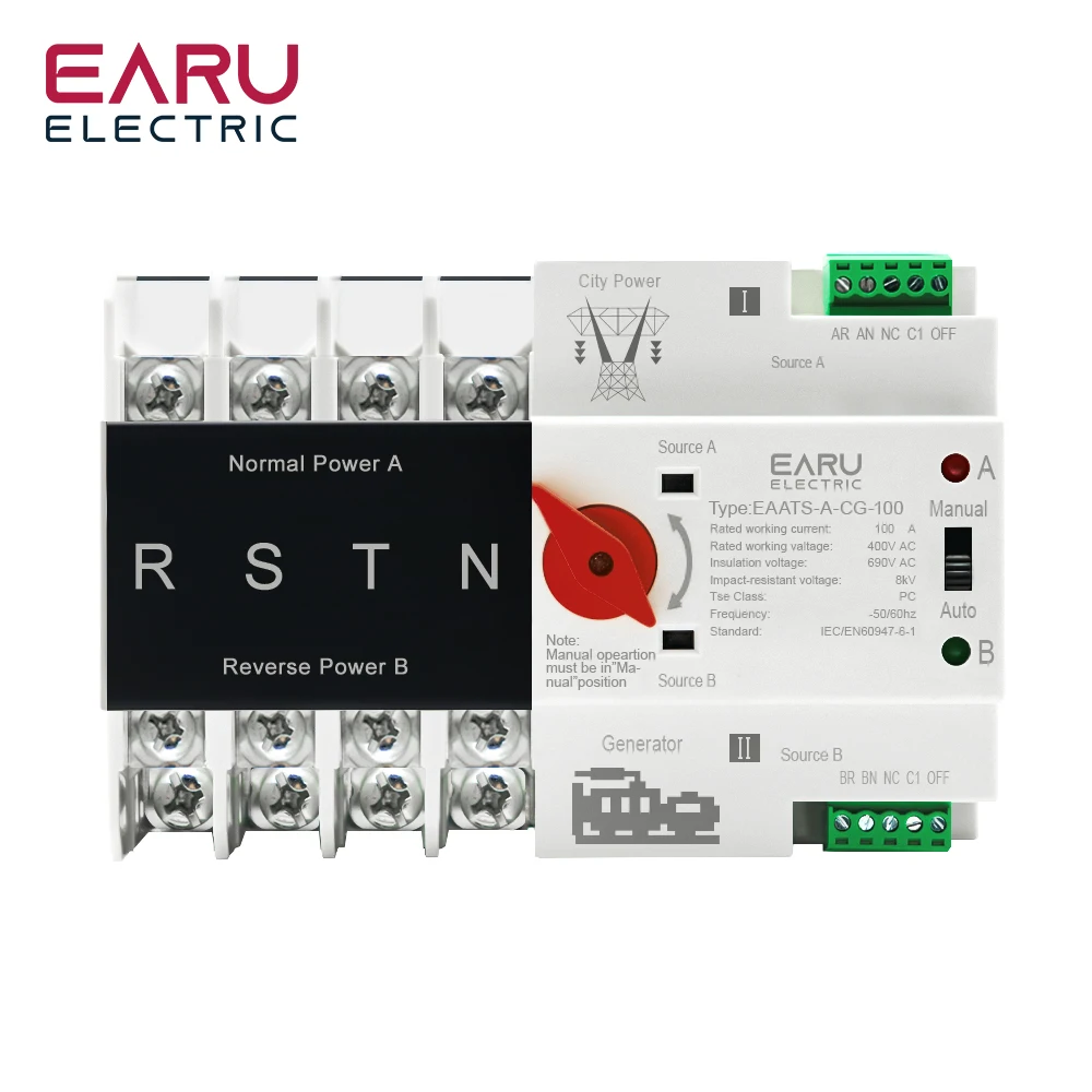 

3-фазный автоматический переключатель на Din-рейку ATS Dual Power, электрические переключатели непрерывного питания 4P 380 A переменного тока 110 в