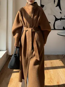 Giacche di lana monopetto da donna da ufficio 2025 Cappotti di lana 100% da donna lunghi larghi con colletto allacciato autunno e inverno 1