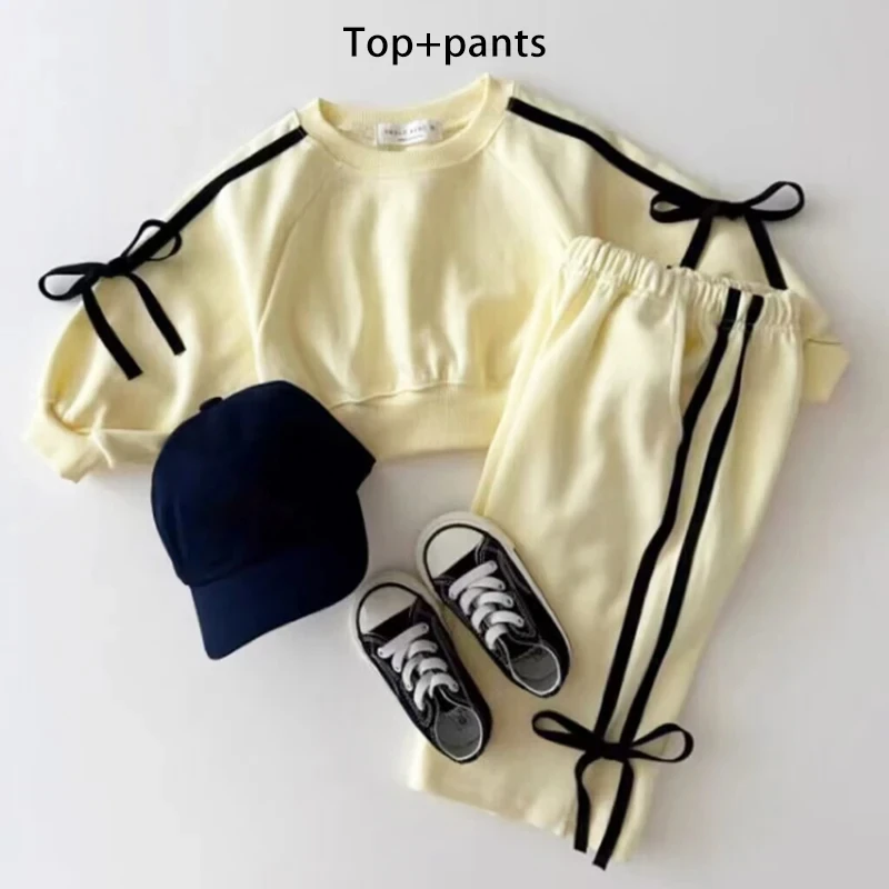 Girls Korean version Spring New Long Sleeve Clothes Set Baby Girls Bow patchwork pure cotton Casual 2pcs Suit Kids Sports Outfit 2