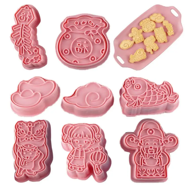 

Chinese New Year Cookie Cutters Set 8PCS Spring Festival Cookie Stamp Cartoon Fun Biscuit Moulds New Year Cookie Mold