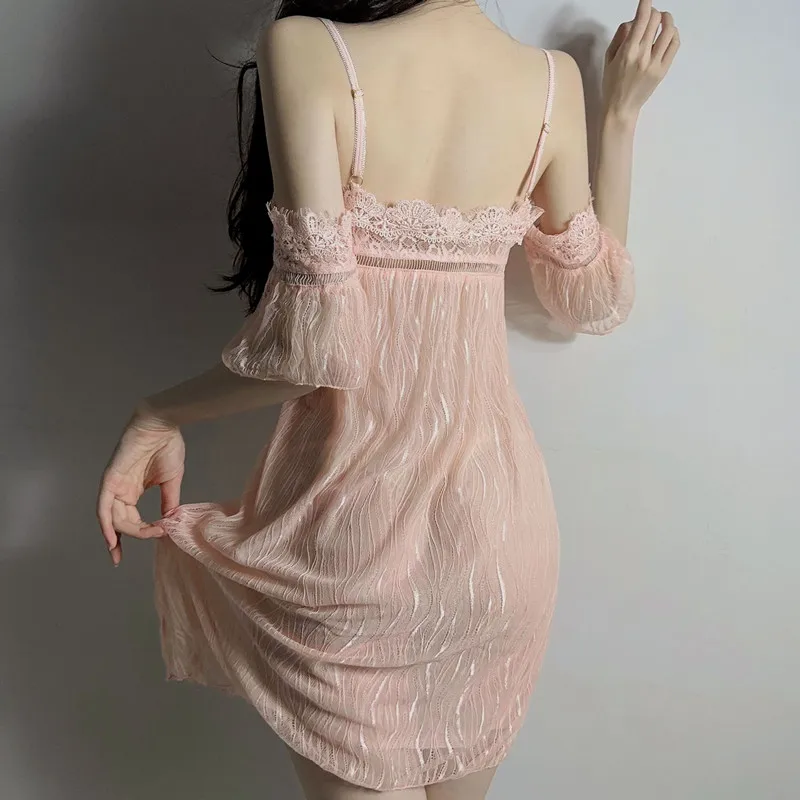 NEW Summer Women Mesh See-Through Lace Sleepwear Nightwear High Quality Strap Slips Ladies Sexy Lingerie Plus Size XXL