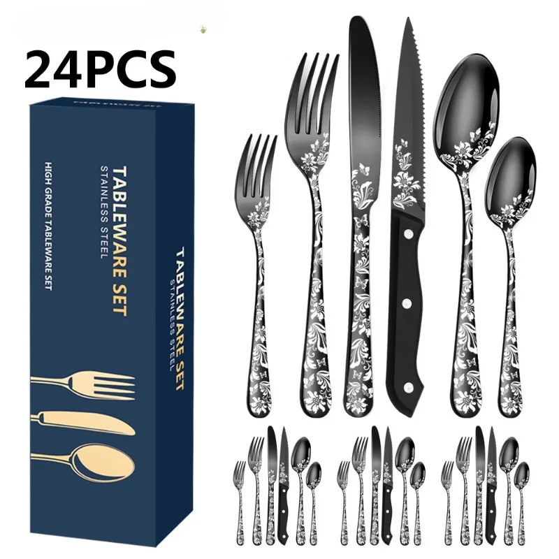 24pcsKnifeForkSpoonSetPatternedStainlessSteelTablewareWestern