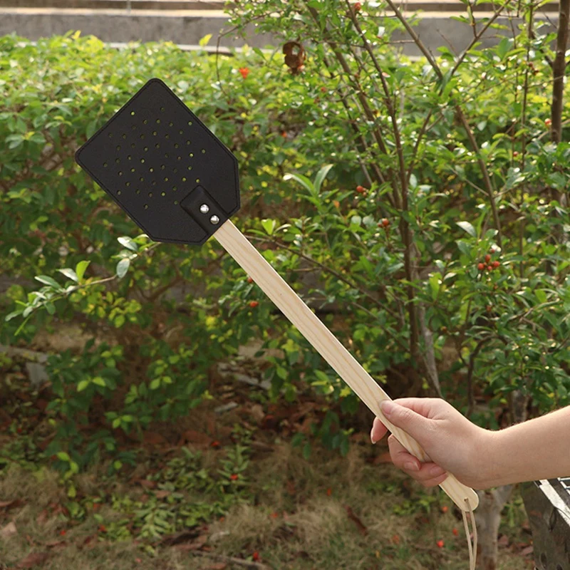 Wooden Stick Handle Mosquito Swatter Manual Fly Swatter PU Leather Mosquito