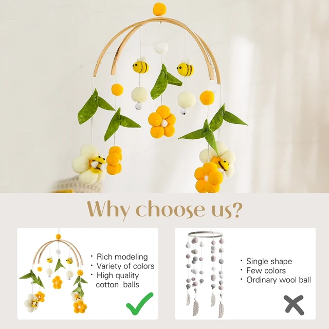 Baby Rattle Crib Mobile Toy Bed Bell Rotating Wind Hairball Bees Pendant Hanging for Newborn Baby Mobile Nursery Decorations 6