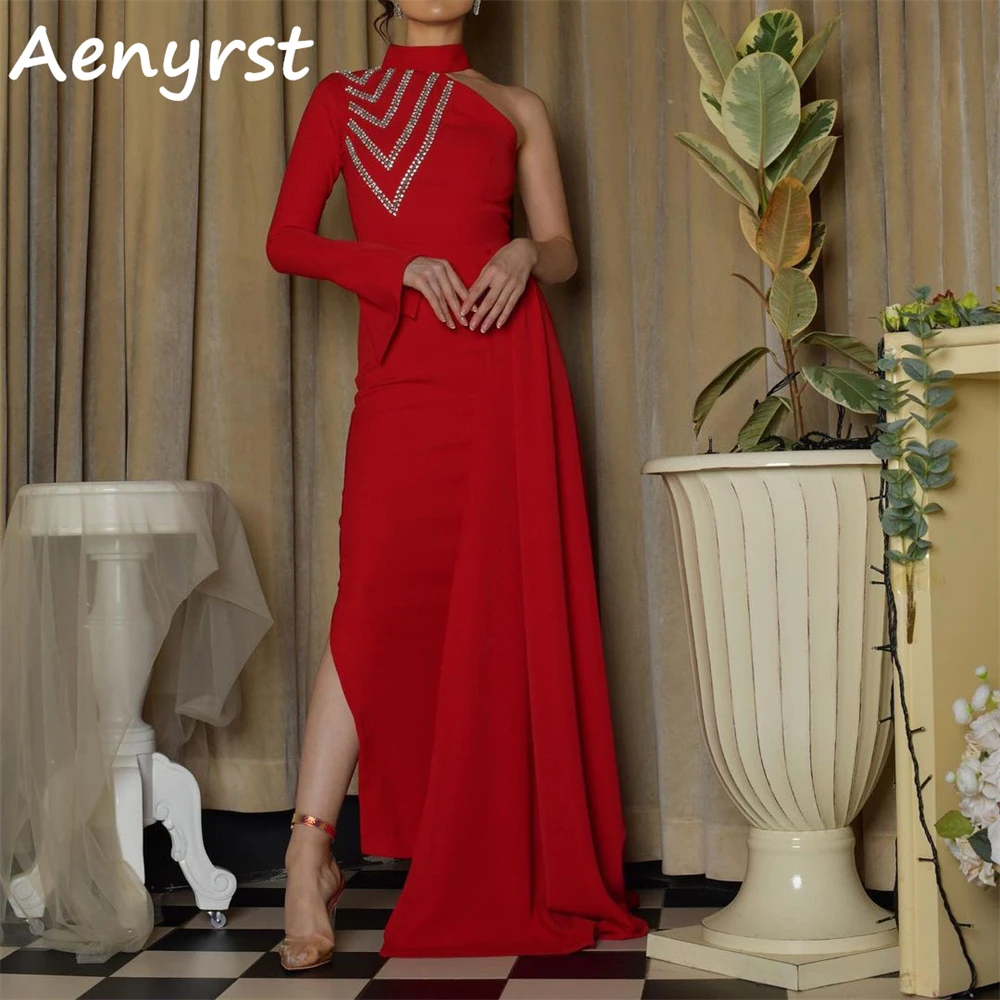 

Aenyrst Red One Shoulder Crystal Prom Dresses Mermaid Long Sleeves Evening Gowns For Women 2024 Ankle Length Dinner Party Dress