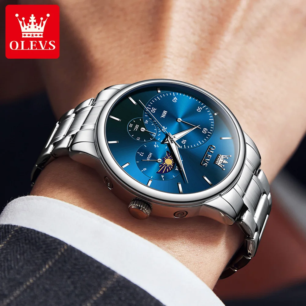 OLEVS Quartz Men Watch Moon Phase Waterproof Chronometer Original Brand Male Wristwatch Business Luminous Watch for Men  Fashion
