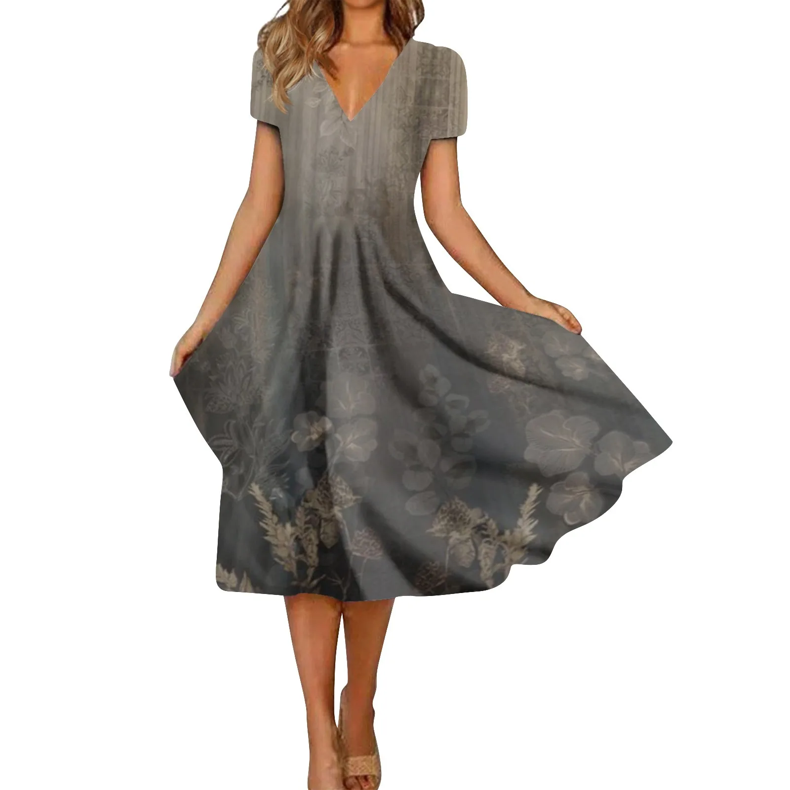 

Vintage Summer Midi Dress For Women 2023 Casual Retro Print Short Sleeve V-neck Swing Dress High Quality Elegant Vestido Midi