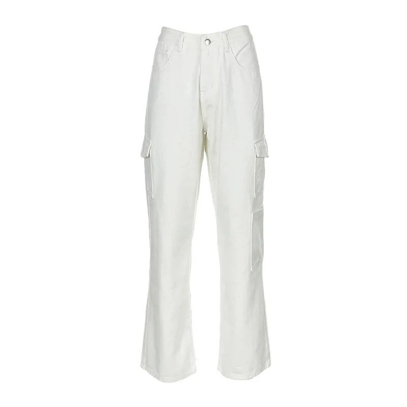 2023 Vintage Women Fashion White Blue High Waist Casual Jeans Loose Omighty Wide Leg Pocket Cargo Pants Solid Overalls Trouser