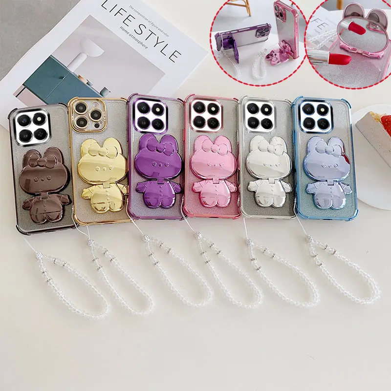 Luxury Shockproof Phone Case with Cute Rabbit Makeup Swivel Stand and Crystal Lanyard