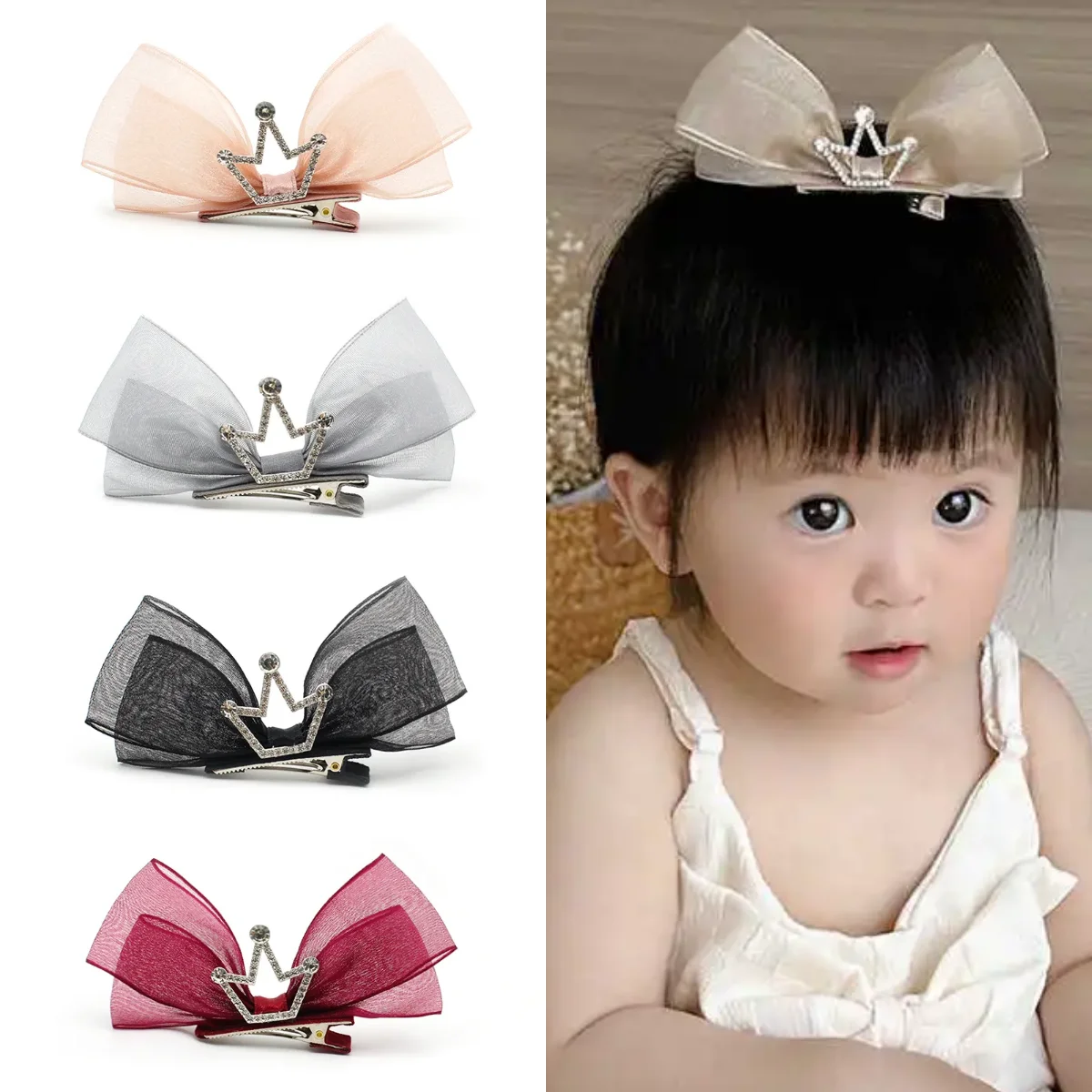 Girls Rhinestone Crown Baby Bow Hairpins Gairgrips Kids Sweet BB Hair Clips for Newborn Barrettes Headwear Hair Accessories