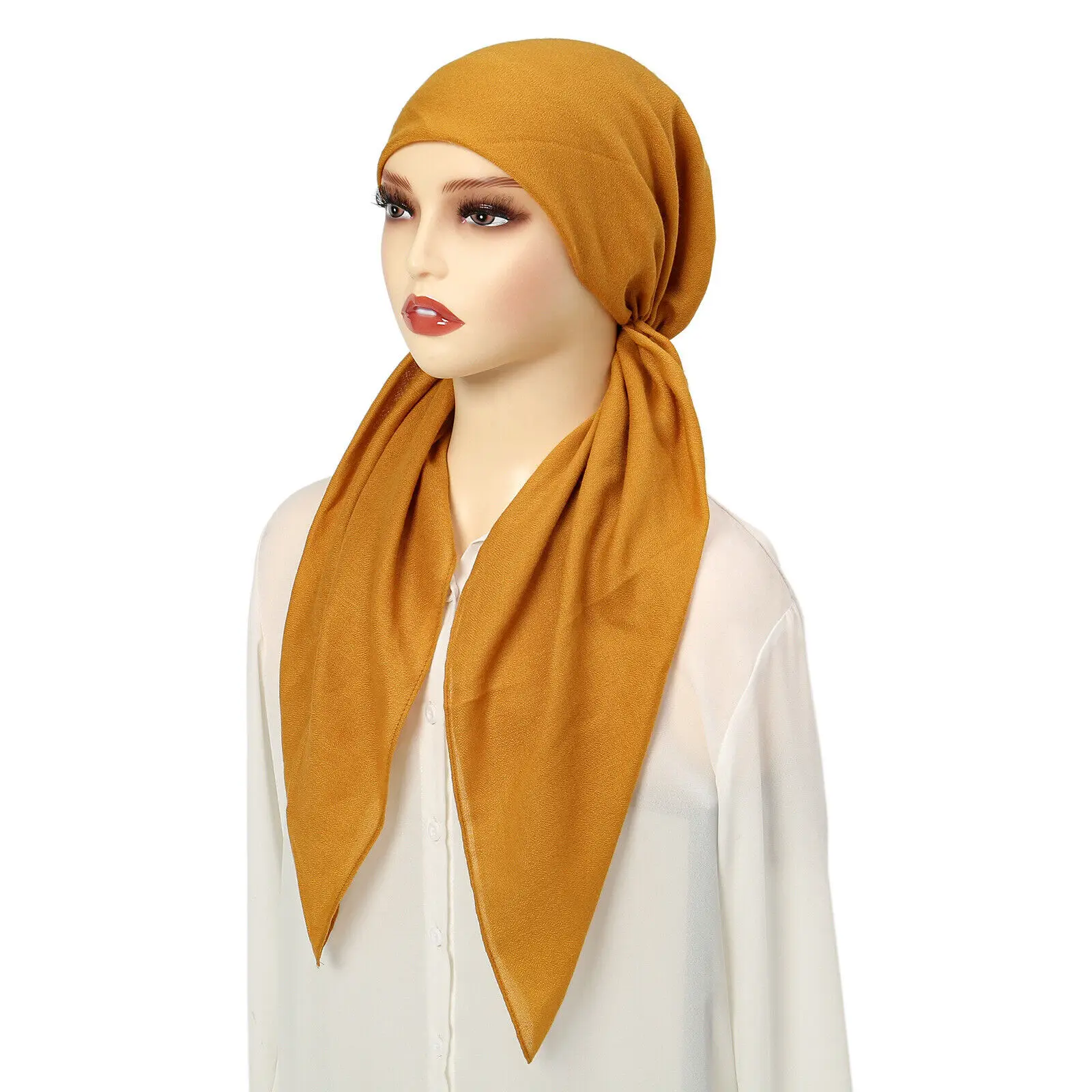 Solid Color Muslim Hijab Pre-Tied Turban Hat Women Long Tail Bonnet Chemo Cap Hair Loss Head Scarf Wrap Beanies Turbante Mujer 4