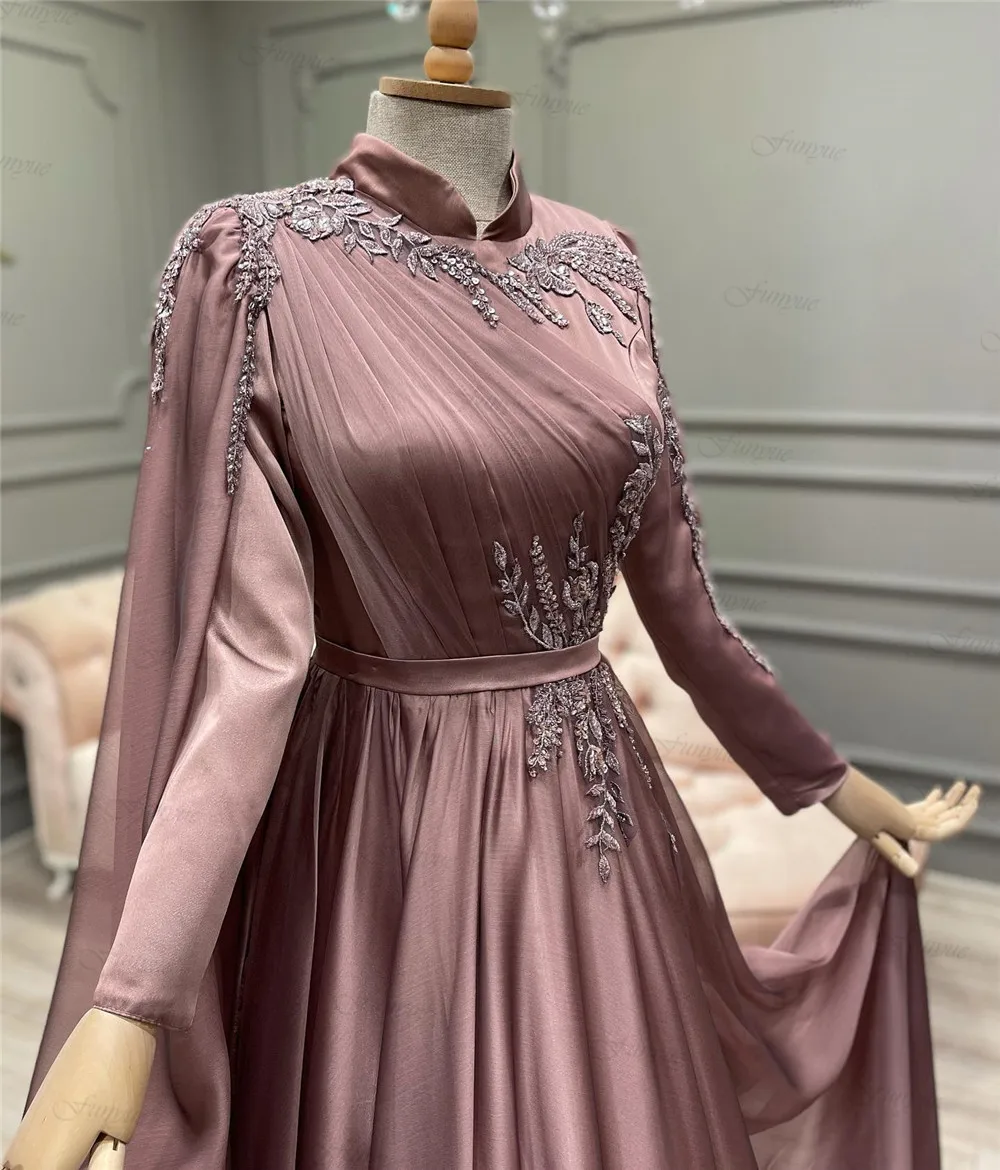 Elegante Arabischen Muslimischen Frauen Formale Kleid Vollen Ärmeln Roben De Soirée A-linie Chiffon High Neck Dubai Kaftan Abendkleider Lange – Detail 14