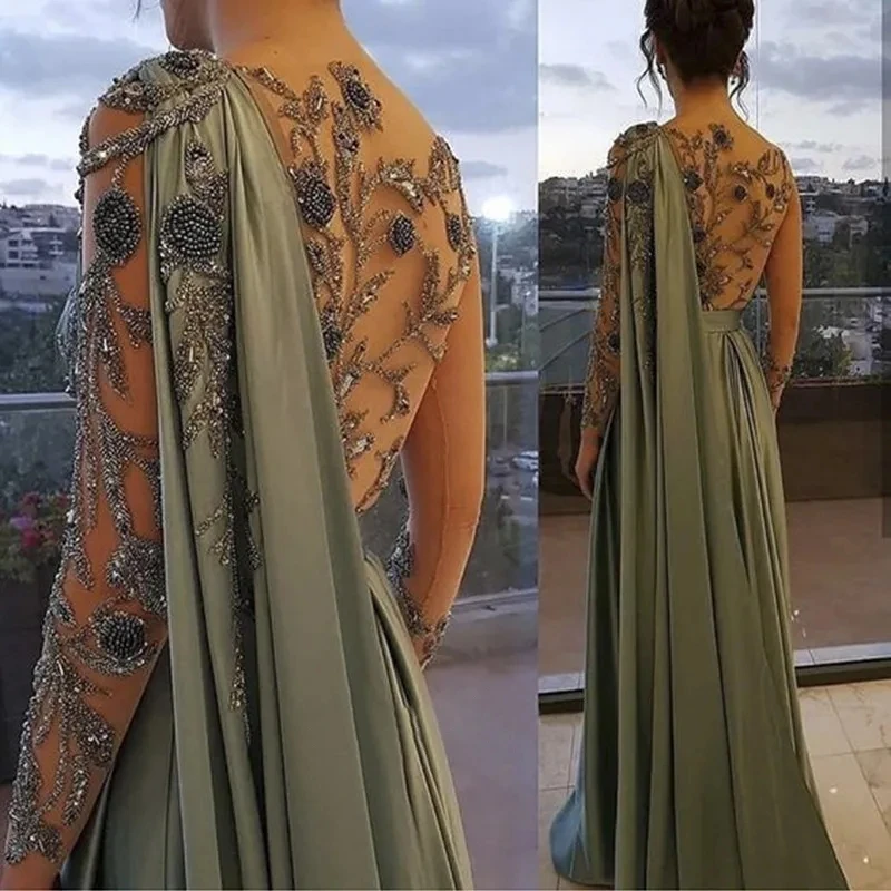 

Arabic Olive Green Muslim Evening Dress with Cape Long Sleeves Dubai Women Prom Party Gowns One Shoulder Dresses Elegant Plus Si