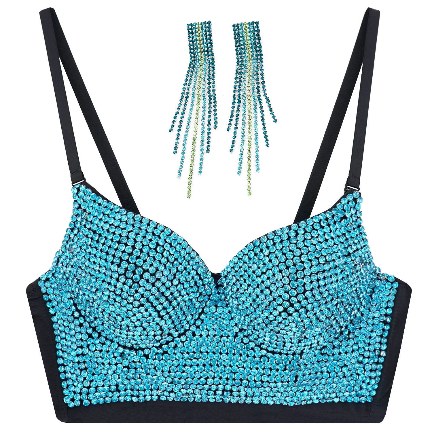 Women's Handmade Diamond Push-up Bustier Crop Top Sexy Corset Bra with Shining Tassels Rhinestone Earring Drop Shipping
