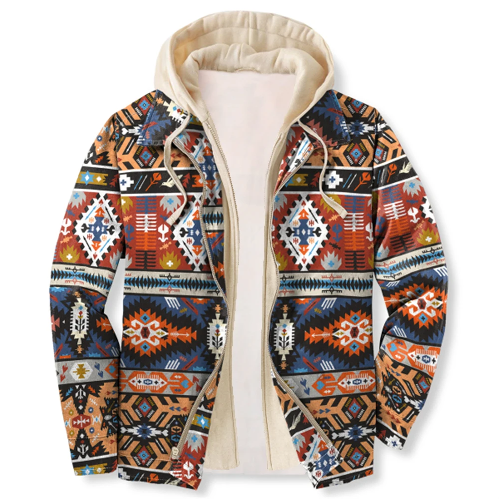 

Autumn Winter Coat Men Vintage Print Hooded Sweater National Style Jacket Zip Pocket Lamb Fleece Collar Jacket Men