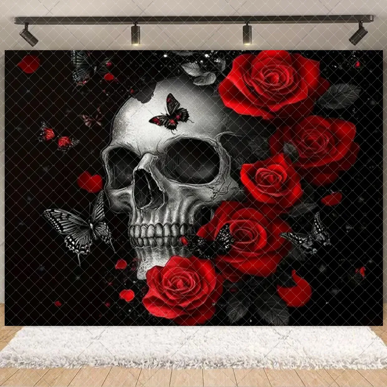 Rote und schwarze Rosen, gotischer Hofstil-Hintergrund, dunkler Raum, Fotografie-Hintergrund, elegante Kerzenständer, Vorhänge, Partydekorationen – Detail 10