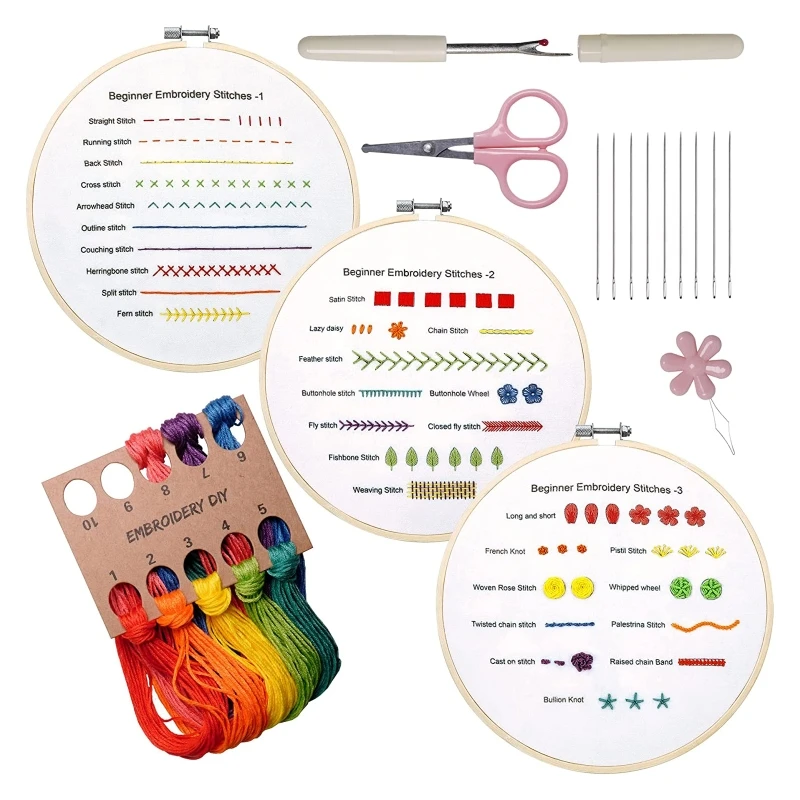 Beginners Embroidery Stitch Practice Kit Bamboo Embroidery Hoop Seam Riper Set Craft Lover Hand Stitch K0AB embroidery set,embroidery kits,embroidery hoop,embroidery tool