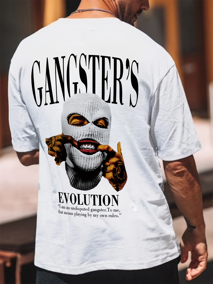 Men's summer 100 cotton fashionable casual loose fit plus size back gangster print vacation round neck short sleeved T-shirt top