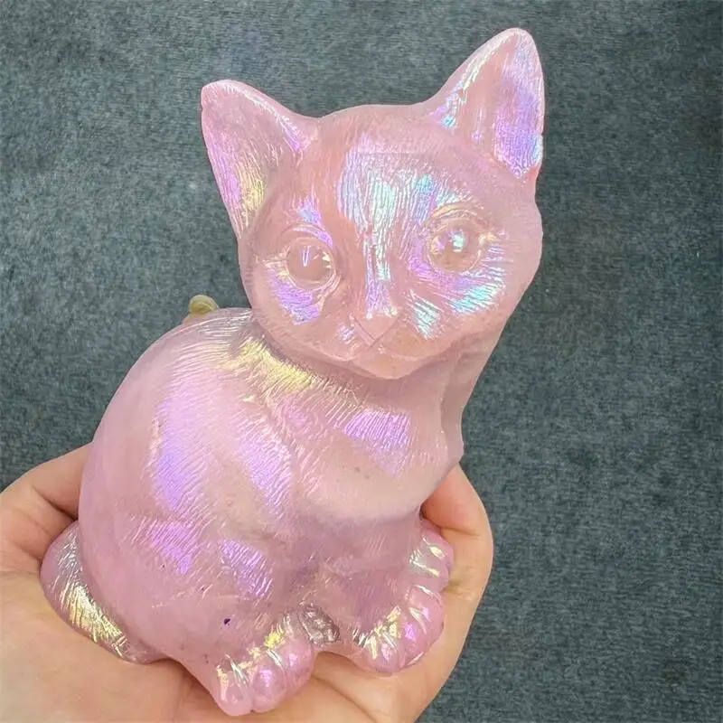

12cm Natural Aura Rose Quartz Cat Crystal Carving Animal Cute Birthday Present Home Decoration Healthy Children Gift 1pcs