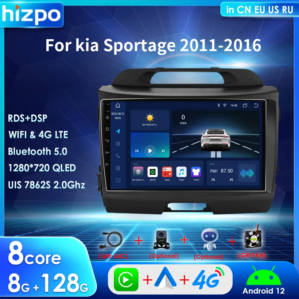 Hizpo 2 Din Car Radio Android 12 Carplay for KIA Sportage 3 2010 2016