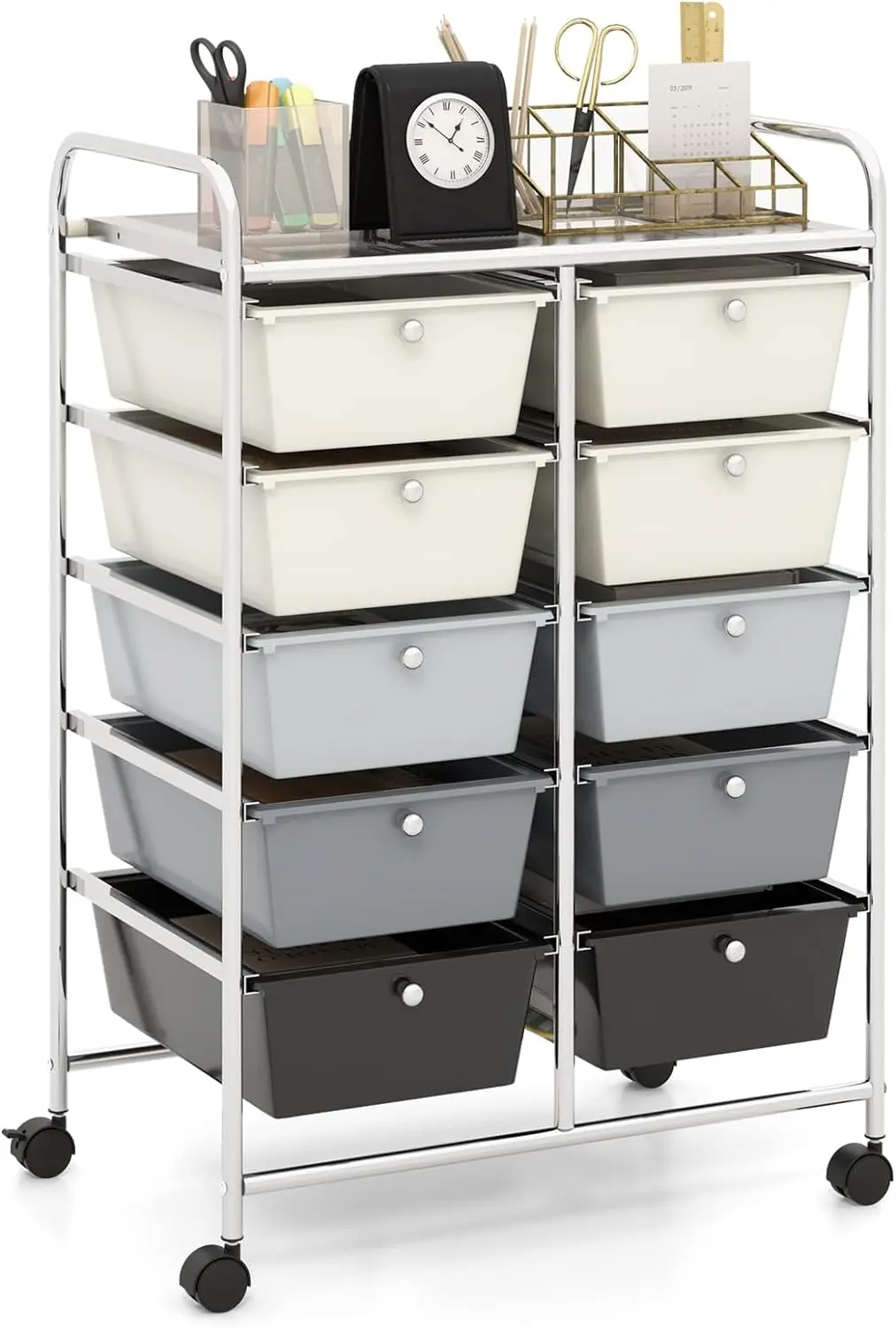 10-Drawer Rolling Storage Cart, Storage Organizer Cart with Lockable Wheels, Beauty Salon Movable Utility Cart for School