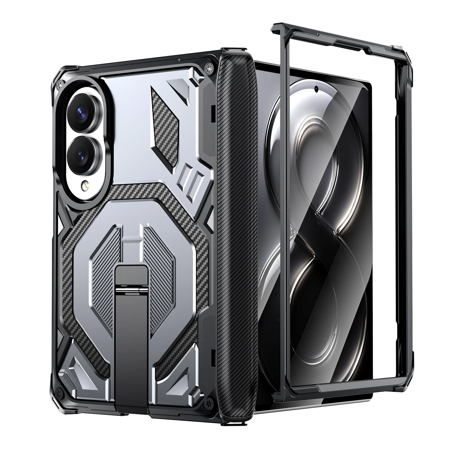 Hinge Protective Armor Phone Case with Magnetic Metal Kickstand and Magsafe Cover