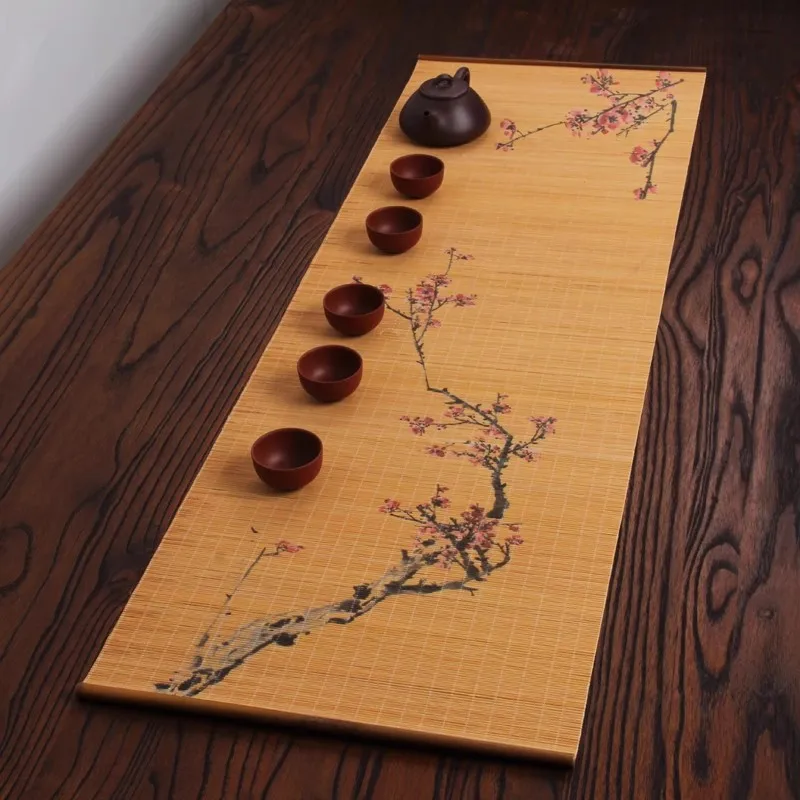Hand-Painted Zen Tea Mat - Bamboo Tea Tray Mat with Artistic Print, Chinese Style Dry Brew Tea Ceremony Table Cloth