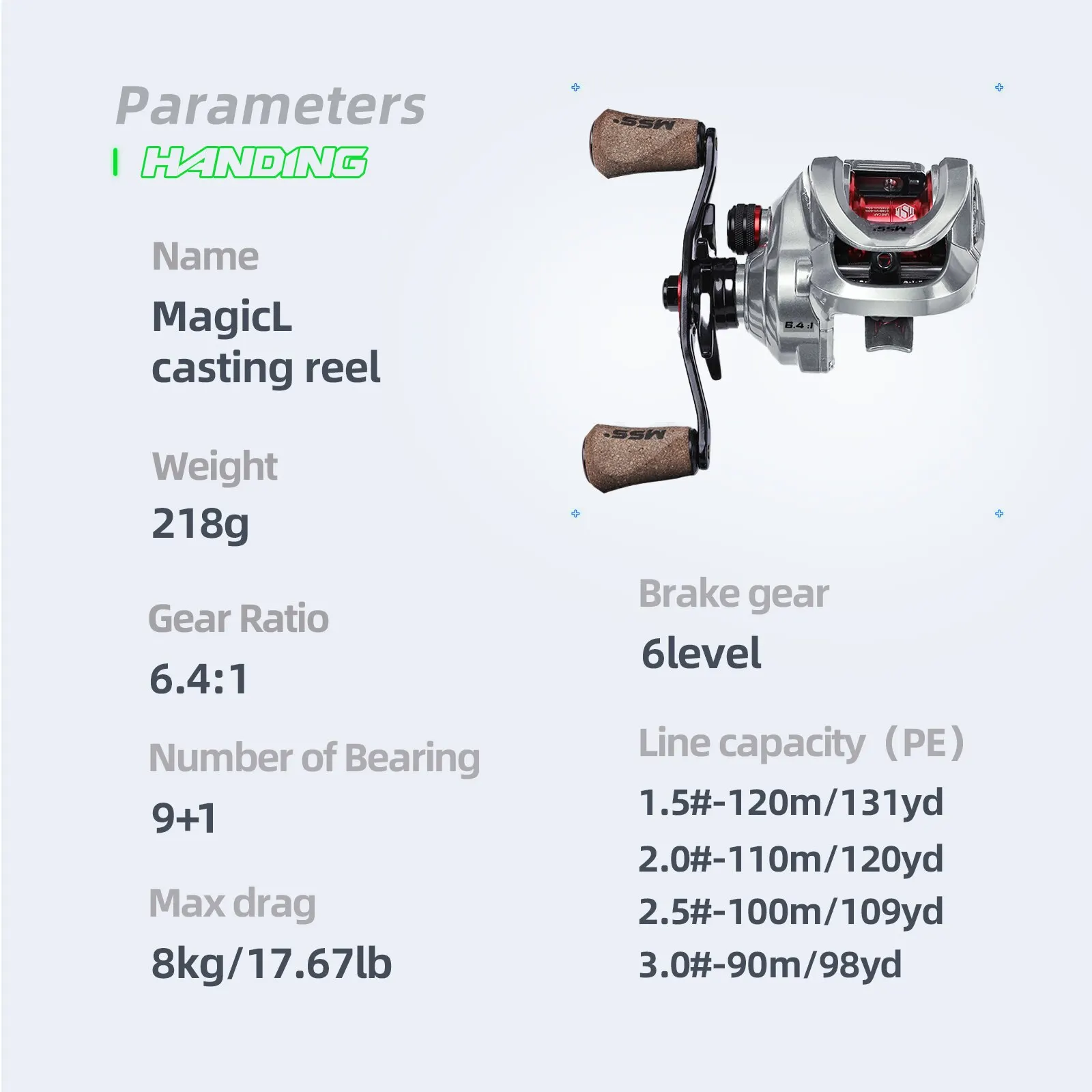 HANDING Magic L 8KG Max Drag 6.4:1 9+1BB Baitcasting Fishing Reel Magnetic  Brake System Freshwater Seawater Perch Fishing