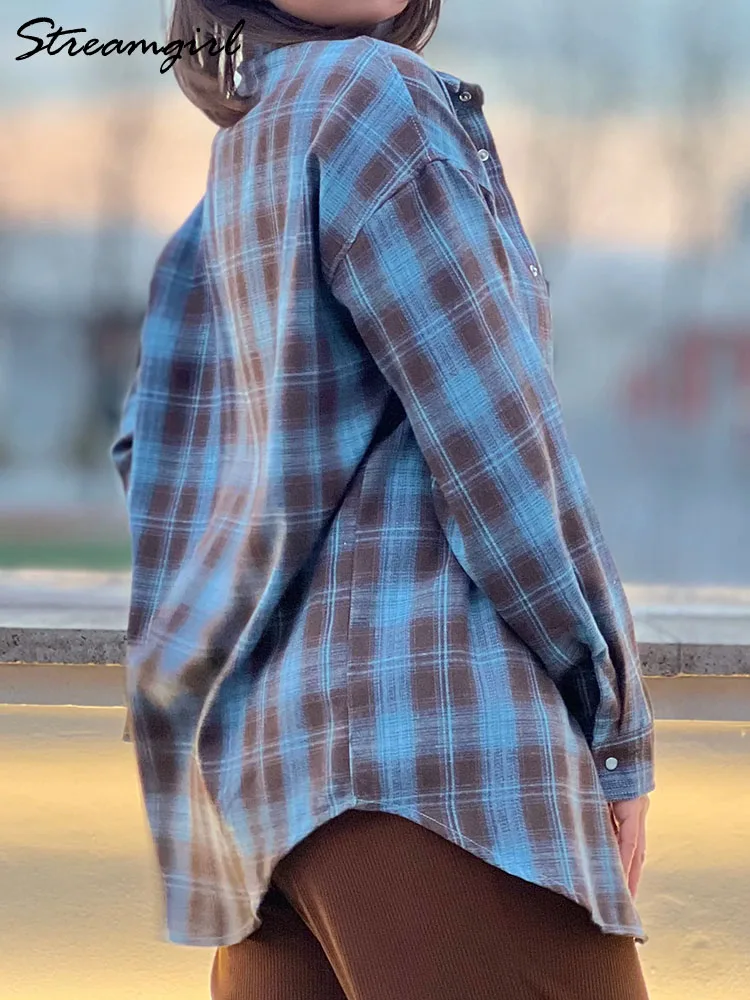 Women Shirts Plaid Oversized Shirts For Women Office Spring Loose Buttoned Shirt Pocket Long Sleeve Vintage Blouses