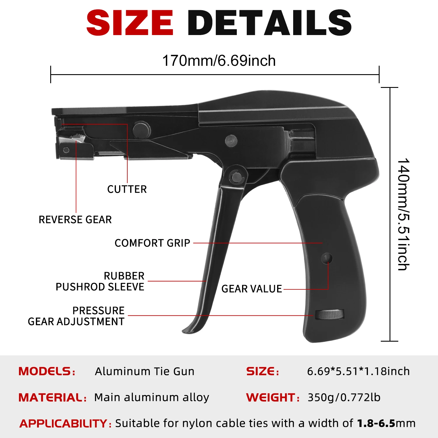 Seb Guns SJ-800A Aluminum Alloy Cable Ties Gun 1.8-6.5mm Wide Range,Ratchet Zip ...