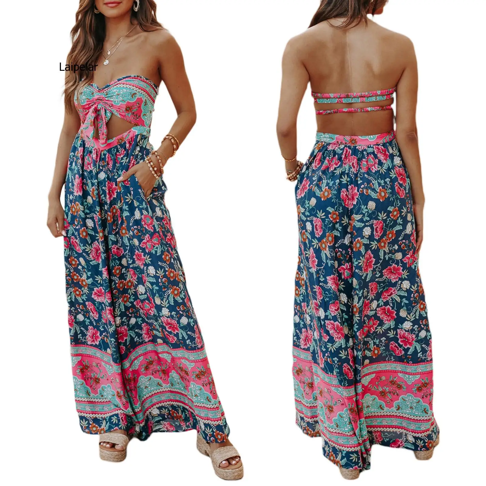 

Женский комбинезон в богемном стиле, элегантный длинный комбинезон без бретелек с цветочным принтом, открытой спиной и широкими штанинами, летняя одежда