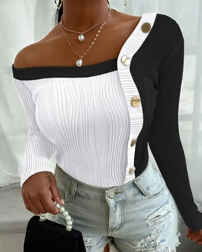 

New Long Sleeve Colorblock Asymmetrical Neck Buttoned Textured Top Fashion Blouses 2023 Autumn Skinny Pullovers Tee Basics Y2K
