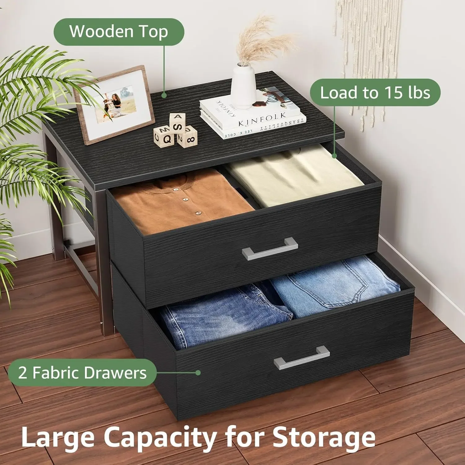 Stackable Storage Drawers Closet Organizers and Storage Fabric 2 Drawer Dresser for Bedroom Set of 2 Black Modern 6