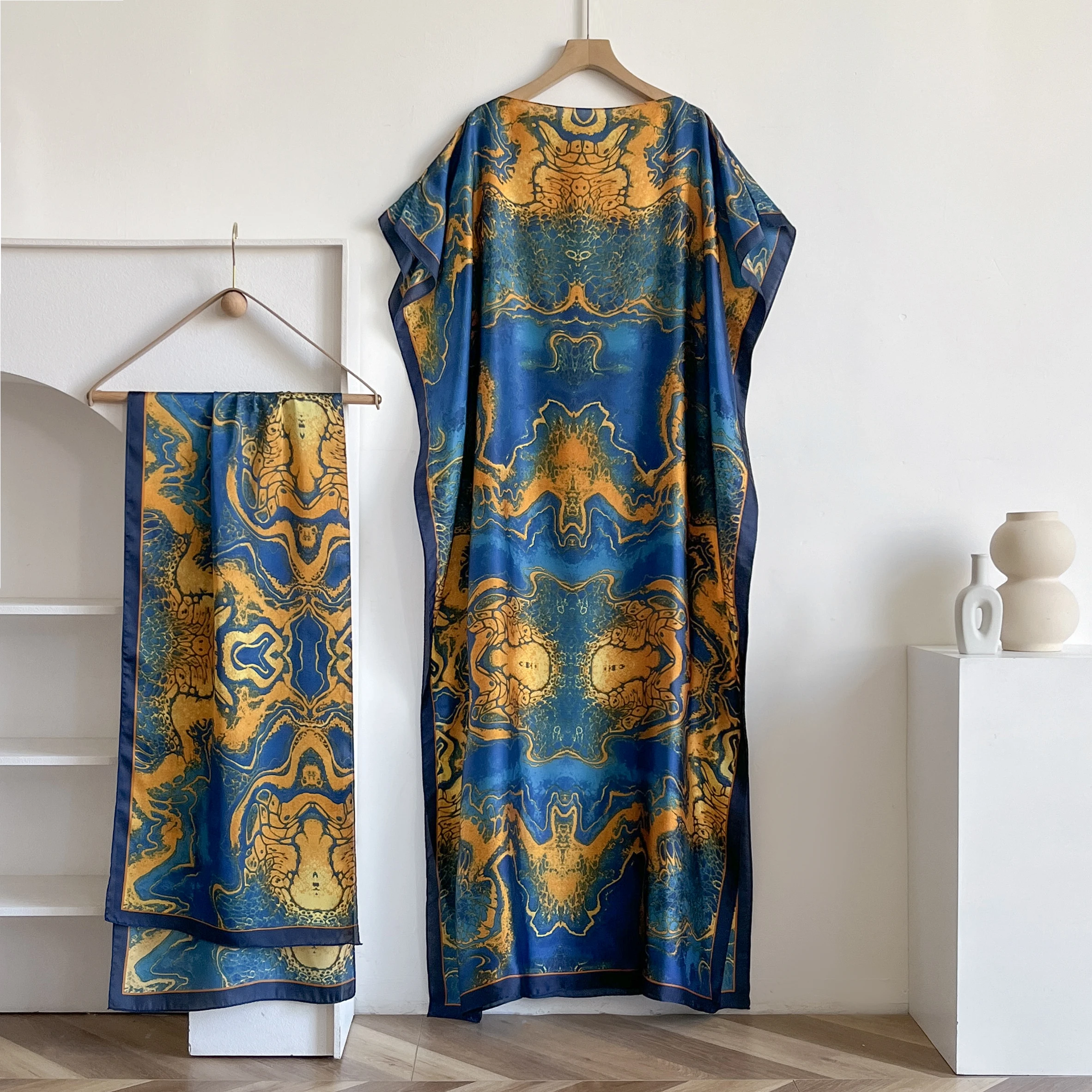 2025 Summer New Fashion African Dresses For Women Elegant Printed Silk Muslim Lady Long Hijab Kaftan Dress Oversize Kuwait Abaya