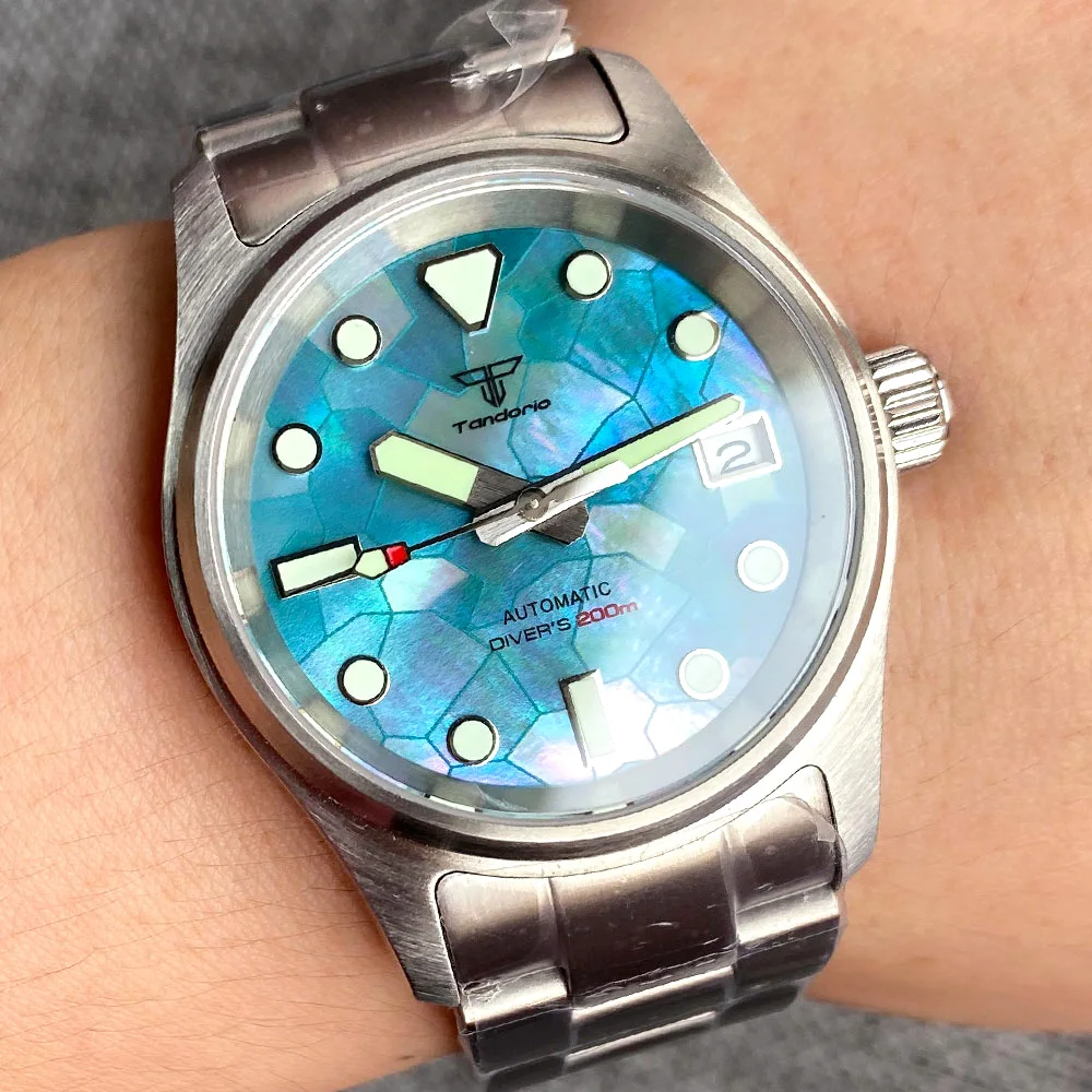 Tandorio 36mm 20ATM Diver Automatic Watch for Men NH35A Mother of Pearl 200m Water Resistance Sapphire Crystal 316L Bracelet