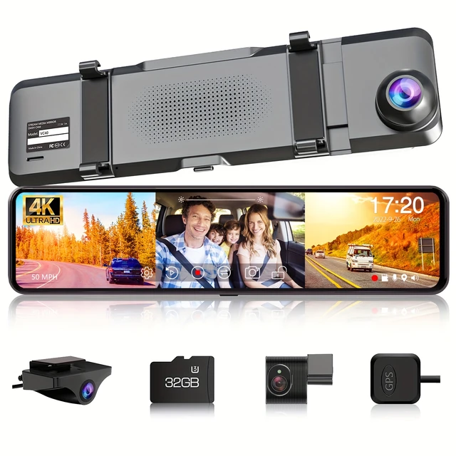 In-Car Camera Recording for Uber/Taxi/Baby/Pet,VVCAR 3 Channels 4K Mirror  Dash Cam, Free 32GB TF Card & GPS